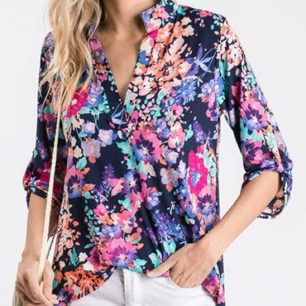 HEIMISH USA Floral Blouse - Navy and Pink